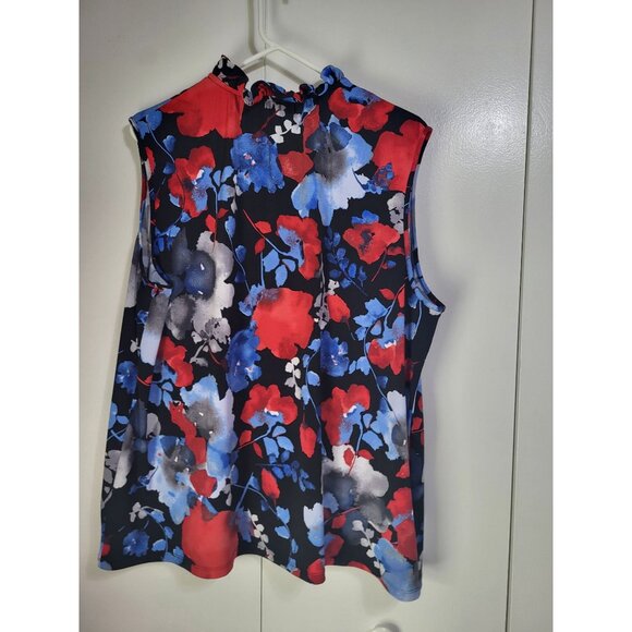 The Limited Women's SZ XL Red Blue Floral Ruffle Neck Sleeveless Blouse Top - Picture 3 of 8